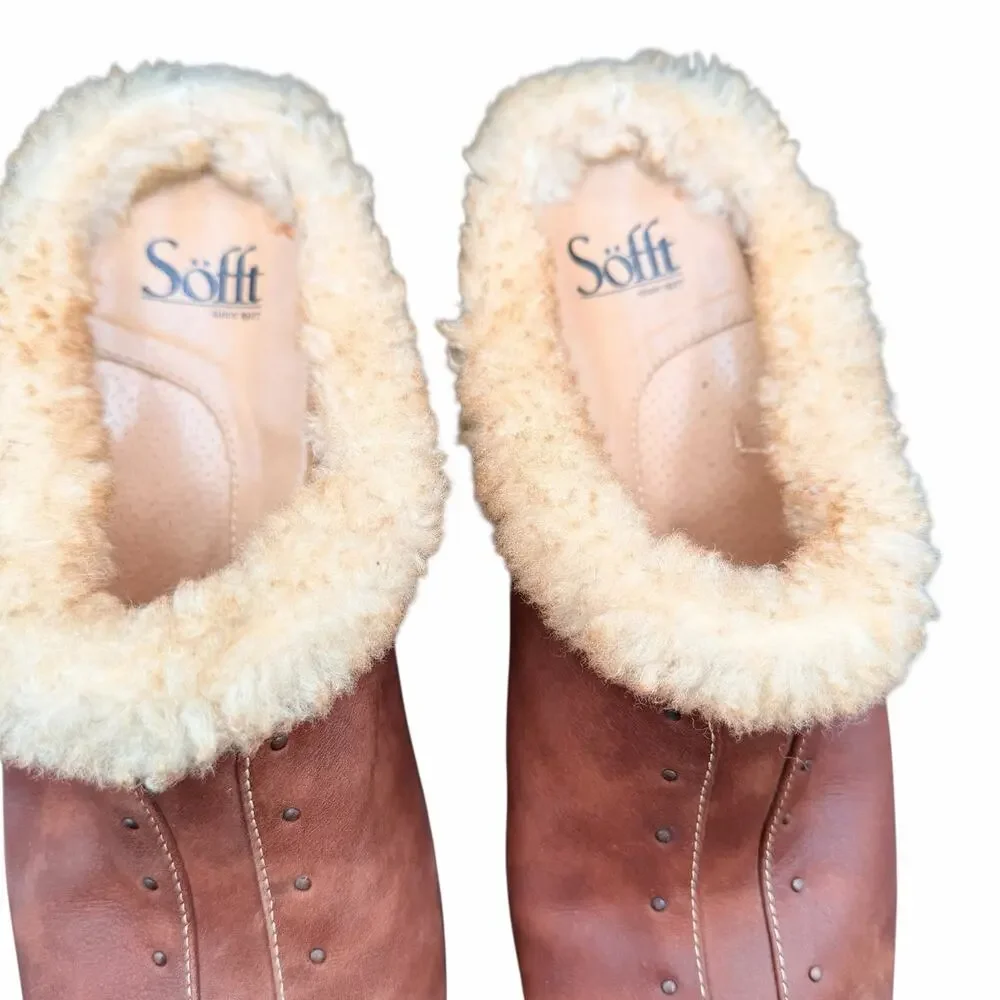 Sofft Brown Leather Shearling Clogs Mules Size 9M Cozy Comfort